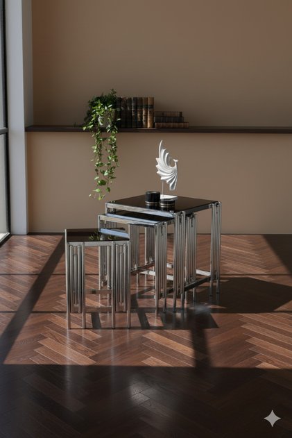 Piyano Model 3'lü Gümüş Kare Sehpa