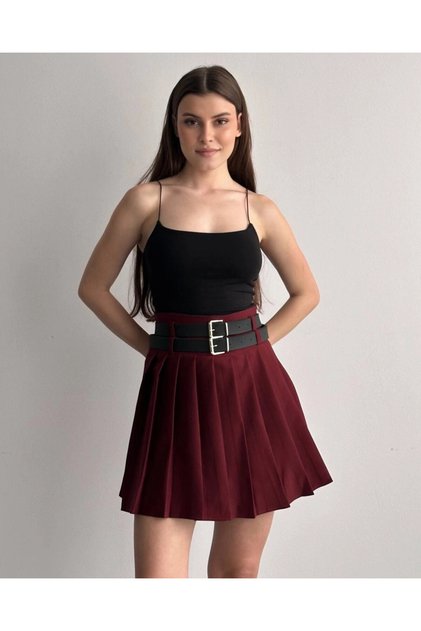 Women's Double Belted Pleated Skirt with Shorts Burgundy