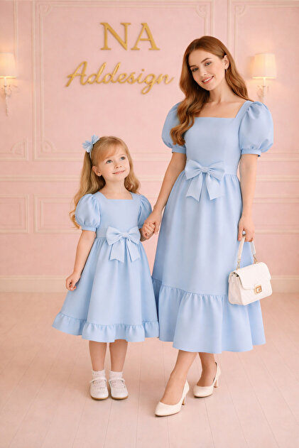 NA ADDESIGN Mother-Daughter Matching Dress  with Bow, Balloon Sleeves  (Must Be Added to the Cart Separately, Prices Are Separate)- Trendyol