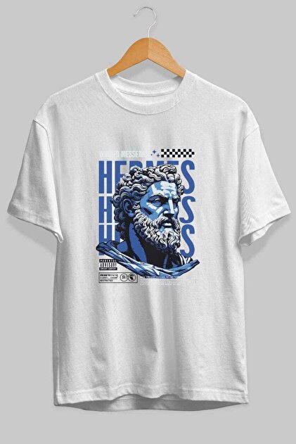 Ankhises Hermes 1 ön Baskılı Beyaz Oversize t-shirt Erkek Kadın