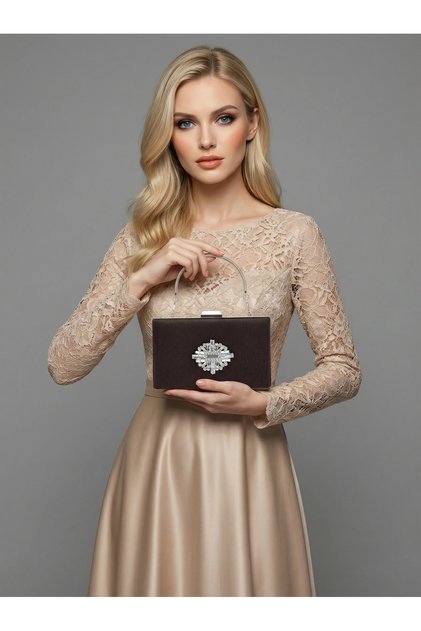 Brown Z.A.R.A. Satin Crystal Stone Embroidered Chain Women's Evening Dress Bag Wedding Engagement Graduation