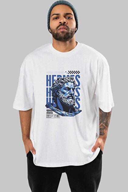 Ankhises Hermes 1 ön Baskılı Beyaz Oversize t-shirt Erkek Kadın