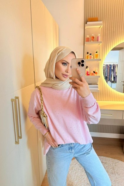 Movi Taşlı Merserize Tunik Pudra