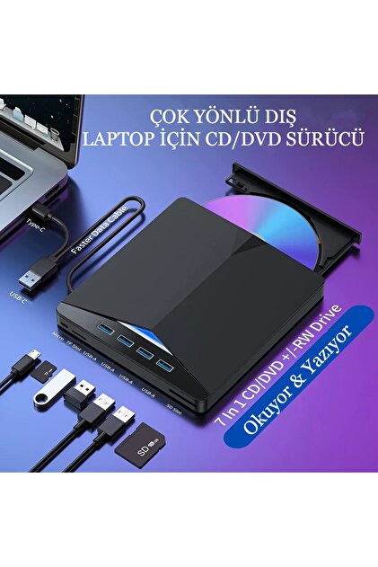 GreaTech 7 in 1 Harici USB 3.0 Type-C DVD RW CD Sürücü Yazıcı
