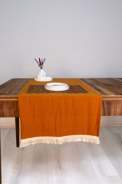 Cinnamon (tile) color linen tasseled runner