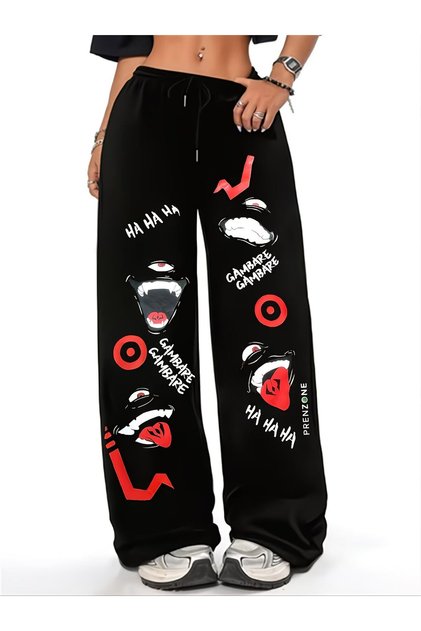 Unisex Jujutsu Kaisen Gambare Printed Baggy Cut Wide Leg Sweatpants