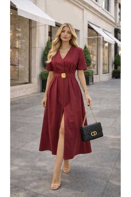 A-Cut Waist Draped Buckle Belt Slit Midi Length V-Neck Short Sleeves Papertouch Fabric Dress