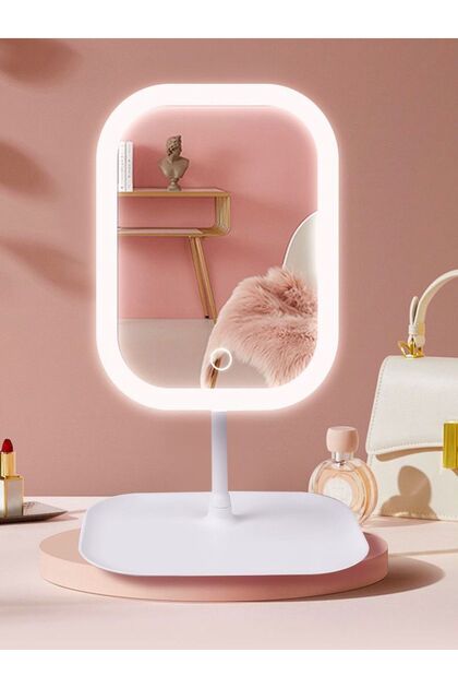 Kare Led Işıklı Dokunmatik Makyaj Aynası Pembe & Beyaz