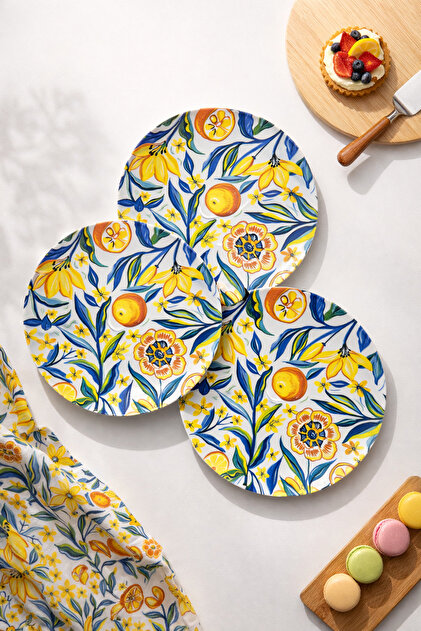 Colorful Citrus Flower Patterned (6 Pieces, 27 cm) Serving Plate | Pasta, Dessert, Breakfast Plate Set