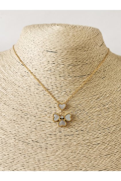 Pearlescent heart 4-leaf clover steel chain necklace