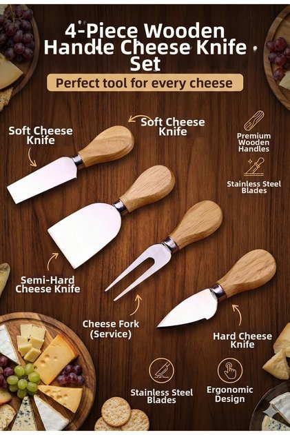 4-Piece Luxury Cheese Knife Set with Natural Wood Handle - Dowry Breakfast and Presentation Knives
