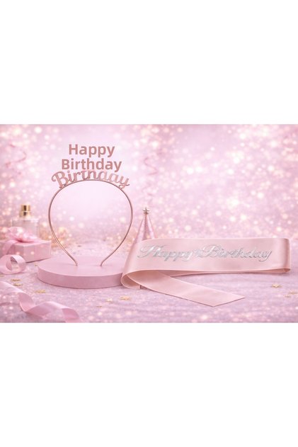 Happy Birthday Written Metal Crown and Sash & Pink Silver Sash Rose Crown