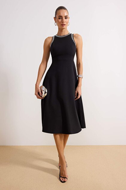 Trendyol Collection Black A-Line Woven Dress with Stone Accessories  Tprss24El00178- Trendyol