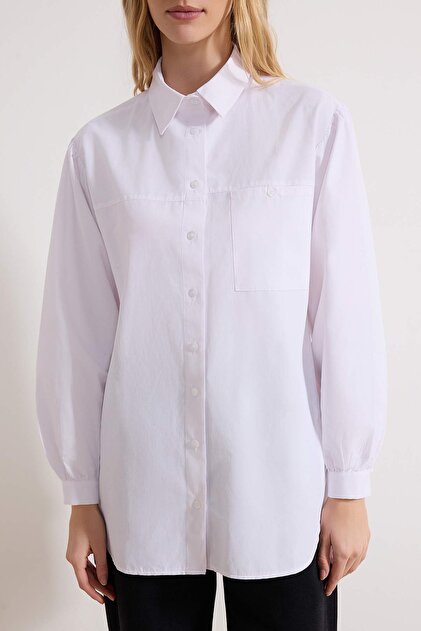 Trendyol Modest White Balloon Sleeve Long-Back Pocket Detail Basic