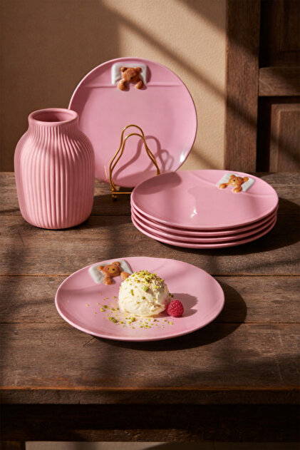 6'lı 19cm Seramik Yatan Ayı Şekilli Tasarım Handmade Pasta Tabağı Tatlı Kahvaltı Pasta Tabağı Seti