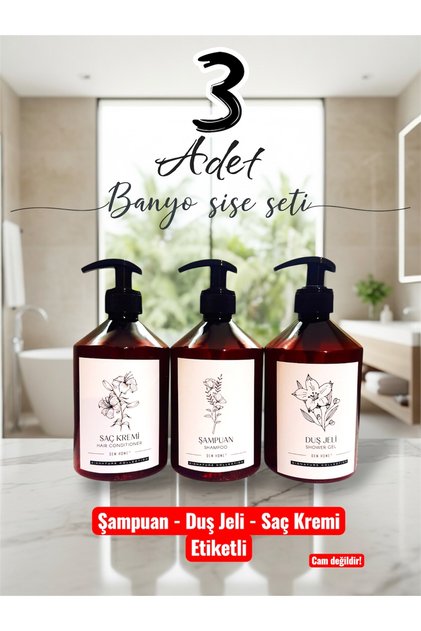 Amber Cam Görünümlü Plastik Sabunluk Banyo Şişe Seti 3’lü Şampuan-duş Jeli-saç Kremi 500 Ml