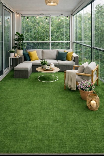 Çim Görünümlü Yeşil Halı Kaymaz Tabanlı Makinede Yıkanabilen balkon teras halisi