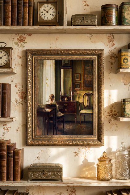 Girl Reading a Book - Vintage Patterned Frame
