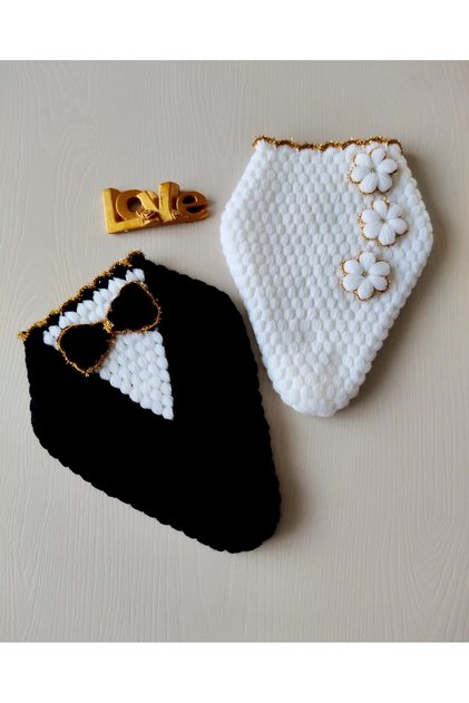 Dowry Set of 2 Black and White Bride and Groom Washcloth Set Strawberry Model