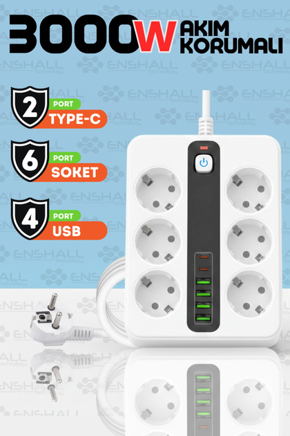 Enshall PRO P11 6X Priz 3000W Termal Akım Korumalı 4X USB 2X Type