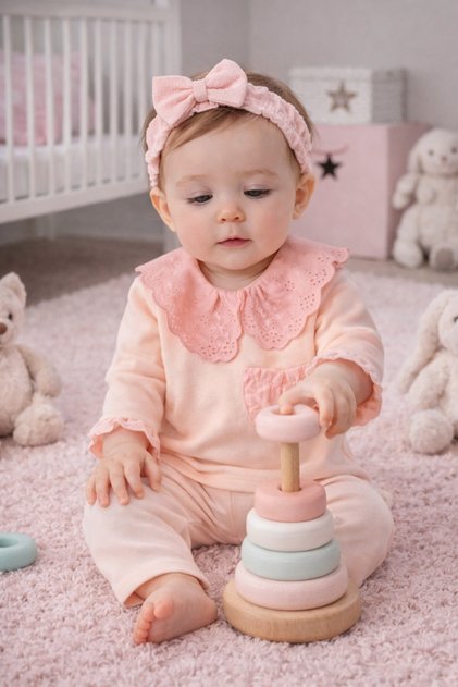 3-18 months scalloped baby collar girl baby 3-piece top and bottom holiday outfit set salmon 22451