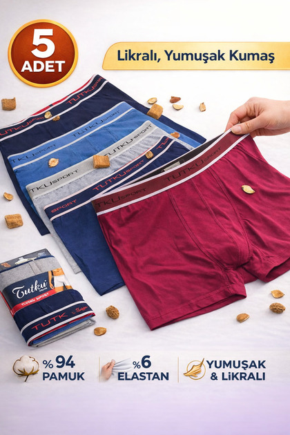 Erkek Günlük Ultra Rahat Likralı Elastan Spor Boxer 5'li %100 Pamuk