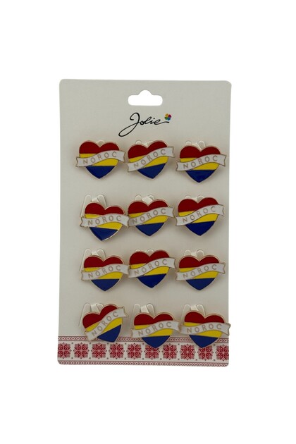 Set 12 Brose Martisor Primavara Inima Tricolor cu Mesaj Noroc