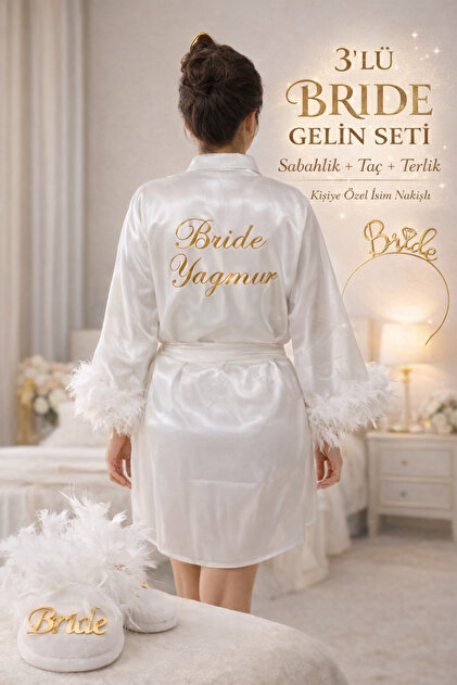 Beyaz Saten Bride İsim Nakışlı Tüylü Sabahlık + Bride Taç + Tüylü Terlik 3’lü Gelin Seti Gold