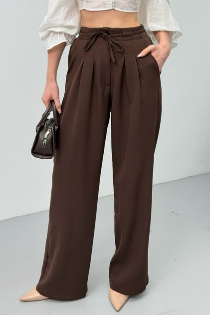 Women's Trousers with Lace-Up Waist, Pleated Detail, Double Pockets, Wide Leg Pants