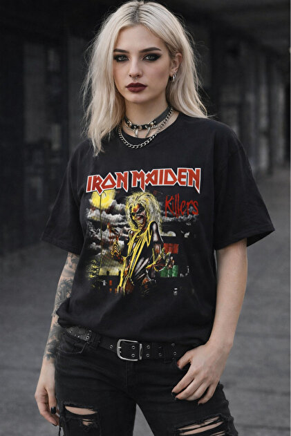 everyone back logo check down shirt Mサイズ Freak Tshirt Siyah Renk Iron Maiden Baskılı Unisex Oversize Metal
