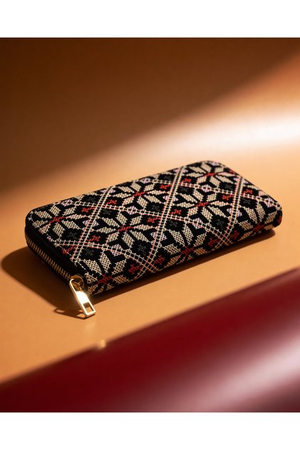 Women's Wallet Palestine Traditional Gold Embroidered Single Zipper Large 20X10 cm
