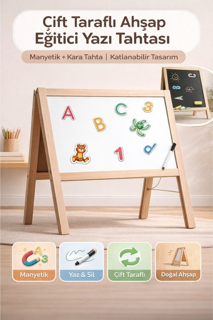 Manyetik Çift Taraflı Masaüstü Ahşap Yazı Tahtası Eğitici Set