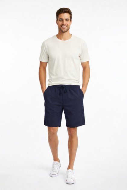 Men's Navy Blue Cotton Linen Look Relaxed Shorts with Elastic Waist