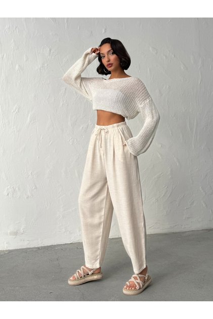 Women's Beige Linen Textured Balloon Pants