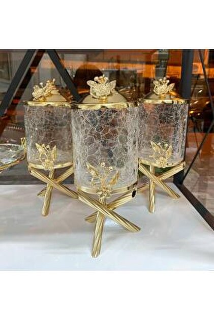 İmren Collection Japon Gül Pirinç Çatlak Cam 3'lü Kavanoz Seti