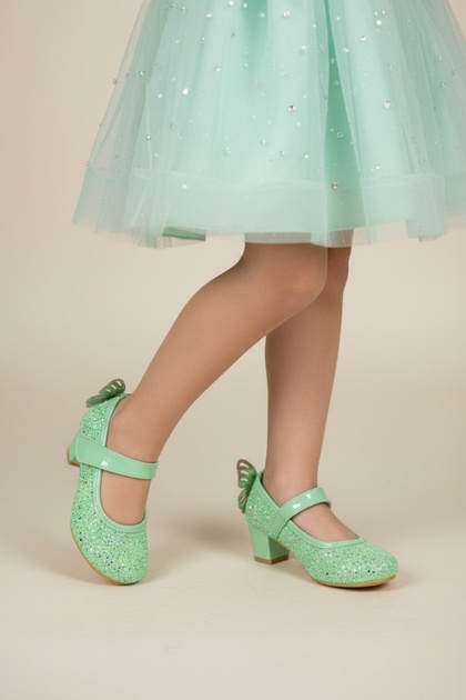 Green Color Heeled Butterfly Stylish Evening Shoes for Girls