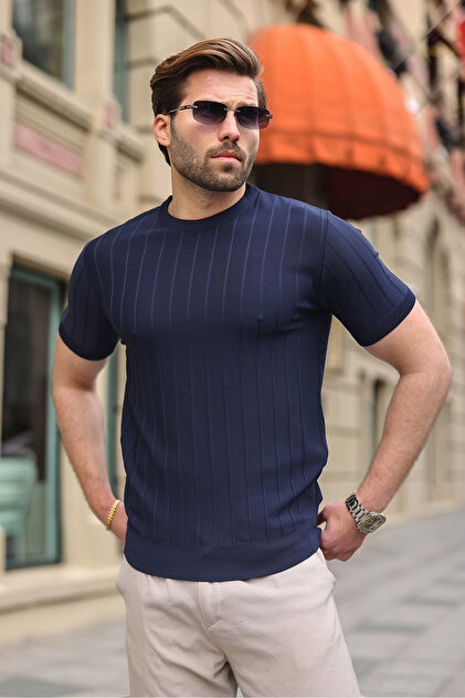 Madmext Lacivert Bisiklet Yaka Çizgili Erkek T-shirt E7412