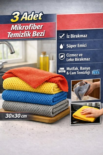 ( 3 Adet ) İz Bırakmayan, Ultra Kaliteli 30x30 Cm Mikforiber Temizlik Bezi, Mutfak Bezi, Tezgah Bezi