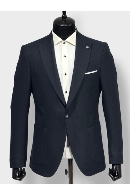 Men's 6 Drop Single Button Pointed Collar Fishbone Navy Blue Jacket 1657L
