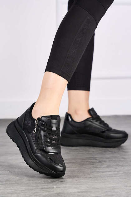 Daily Women's Black Sports Shoes Glitter Detailed Lace-Up Zippered Lightweight Thick Sole Sneaker 0846