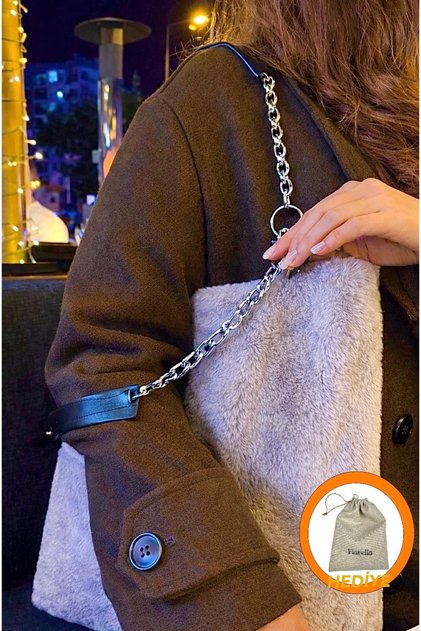 Gift Feather Soft Touch Plush & Leather Women's Hand and Shoulder Bag - Silver Handle