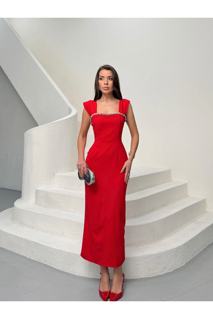 MODA DURAI Pearl Detailed Midi Bebe Blue Evening Dresses Homecoming-  Trendyol
