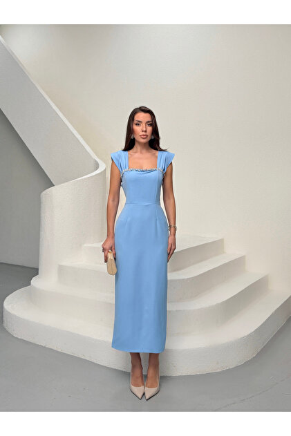 MODA DURAI Pearl Detailed Midi Bebe Blue Evening Dresses Homecoming-  Trendyol