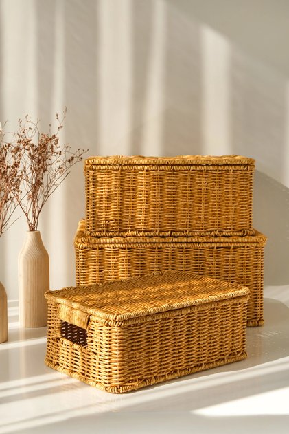 Guiliana - 3-Piece Rattan Covered Rectangular Organizer Multi-Purpose Basket Set