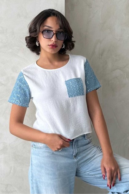 Denim Detailed T-Shirt - Cream Blue | D2792 - Cream Blue