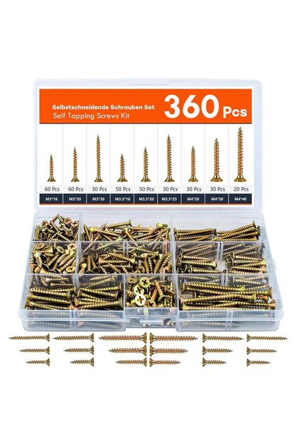 360PCS 360PCS Self-Tapping Wood Screws Set - M3/M3.5/M4 Countersunk Head Screws for DIY Woodworking