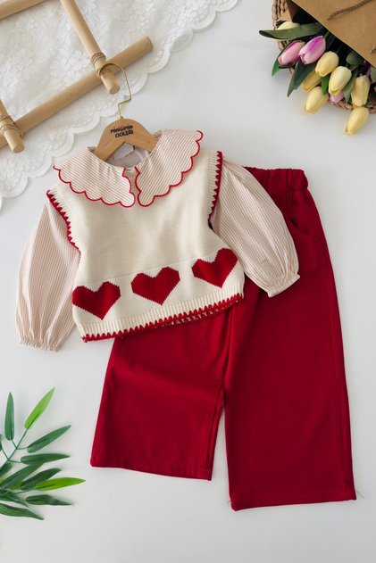 Miniğimin Cicileri Heart Knit Vest 3-Piece Girls' Set - Red