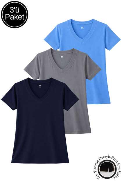 Women's Navy Blue-Anthracite-Blue 3-Pack Slit Viscose V-Neck T-Shirt