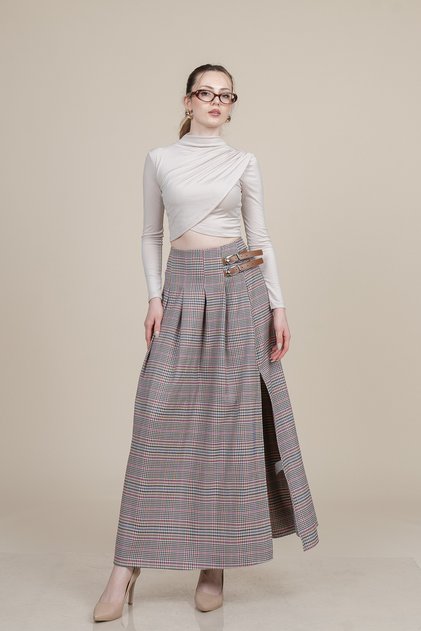 Women's Winter Pink Royal Plaid Slit Skirt Plaid Premium Maxi Skirt Stylish Daily Casual 6831