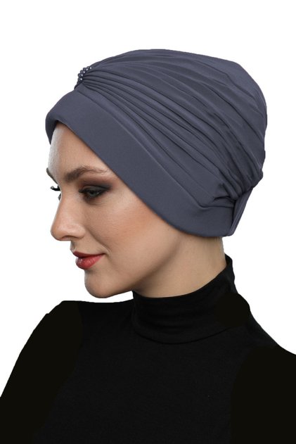 Pearl Embroidered Dark Gray Ready-To-Wear Turban Hijab Bonnet Suitable for Medical Use